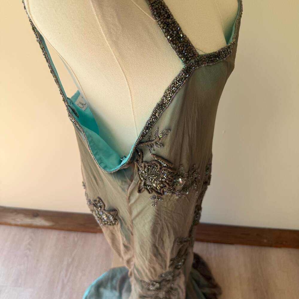 Vintage Scala 100% Silk Beaded Floral Maxi Dress Gunmetal Teal Plus Size 2X - Picture 7 of 16
